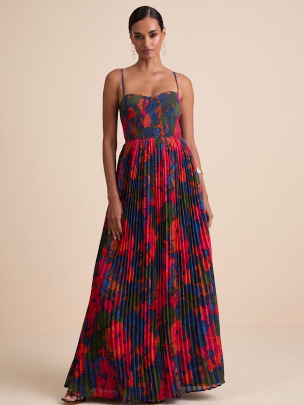 Lulus Kinleigh Red Multi Abstract Pleated Bustier Maxi Dress - Size M
